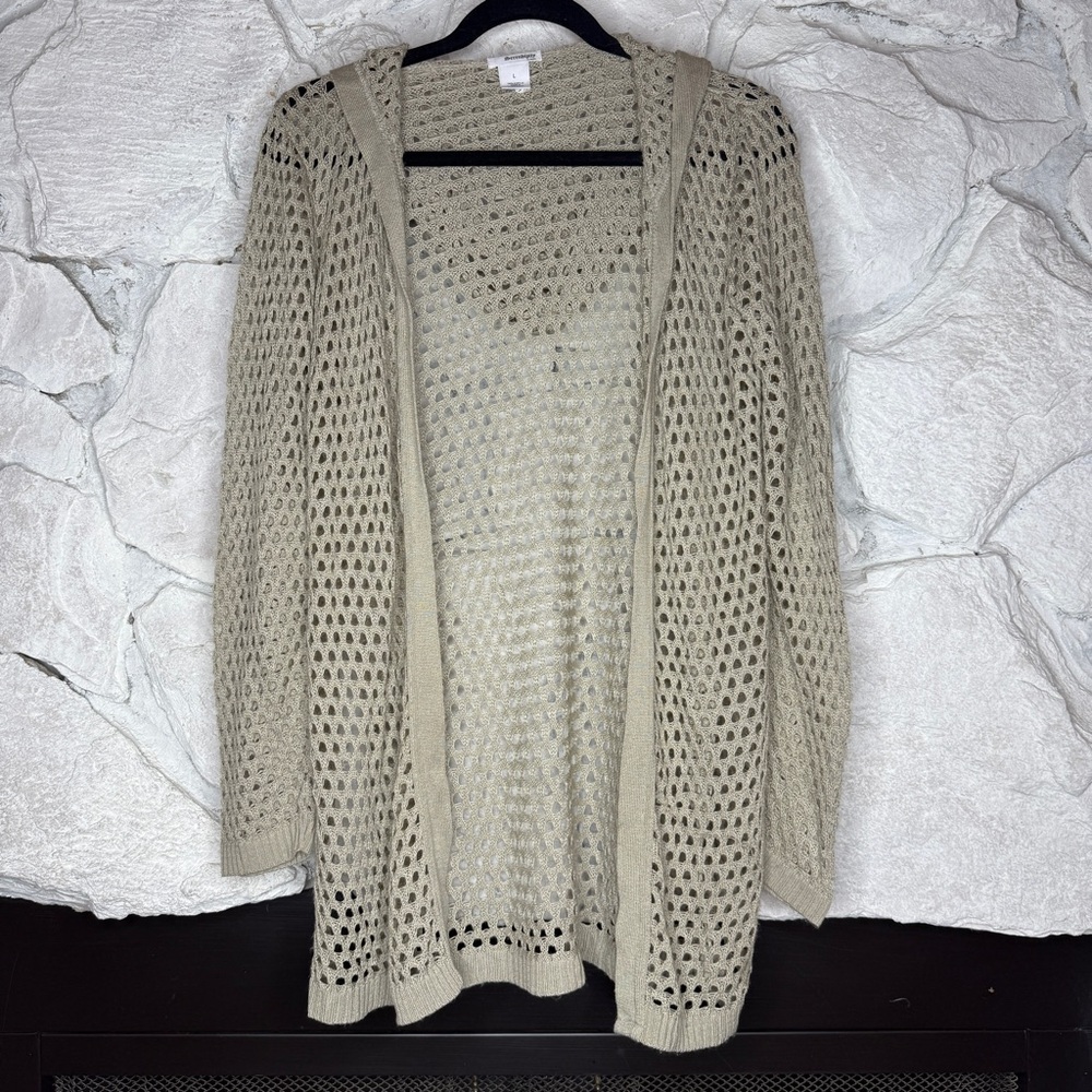 Serendipity by Victoria | Women’s Tan Open Crochet Knit Duster w/Hoodie, Size L